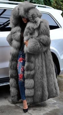 Pbong Fashion Long Winter Hooded Faux Fur Coat Loose Thick Warm Plus Size 5xl Artificial Fur Jacket Women Full Sleeve Outerwear Coats