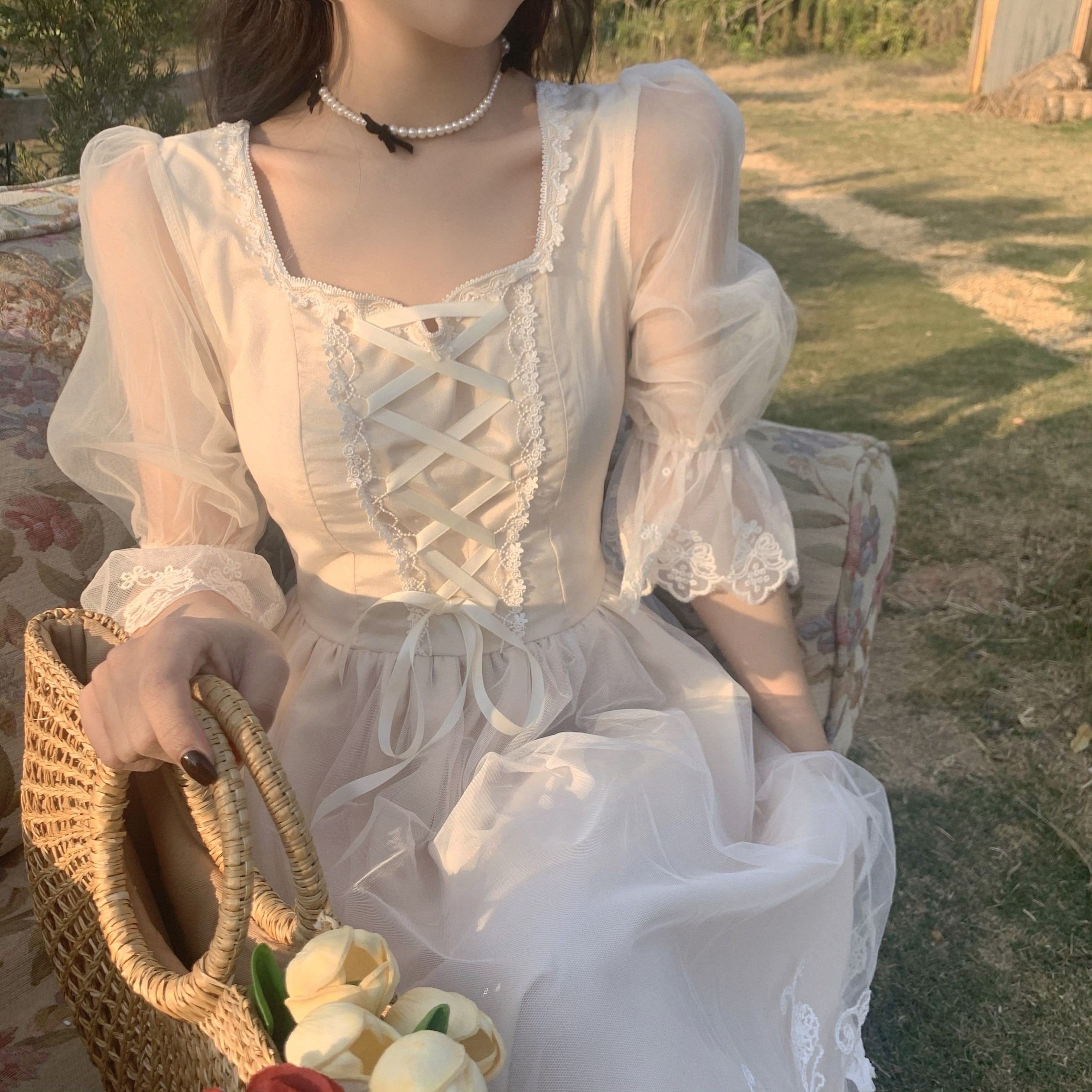 Spring Lace Sweet Elegant Dress Women Evening Party One Piece Dress Korean Kawaii Short Sleeve Dress Female Square Collar