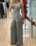 Summer Spring Solid 2PCS Women Plain Sleeveless Crop Top & High Waist Wide Leg Pants Set Female Clothing