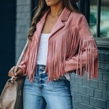 Pbong Fringed Bomber Jacket Women Spring Fashion Long Sleeve Turn-down Collar Open Stitch Slim Jackets