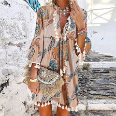 Women Floral Print 3/4 Sleeve Mini Dress Spring V Neck Tassel Vintage Party Dress Casual Loose Summer Beach Dresses Vestido