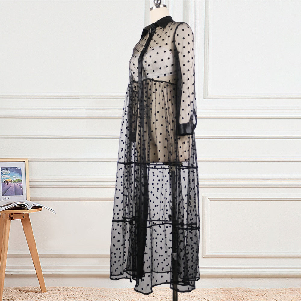 Pbong mid size graduation outfit romantic style teen swag clean girl ideas 90s latina aestheticWomen Long Mesh Shirt Dress Polka Dot See Through Black Transparent Tulle African Fashion Spring Female Robes Tunic Big Size XL