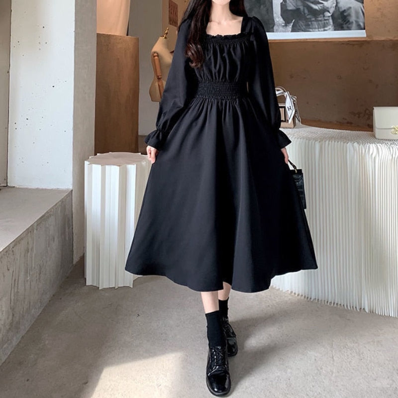 Black Elegant Dress Women Vintage Long Sleeve Spring Autumn Dresses Square Collar Oversize Loose Casual Robe Streetwear