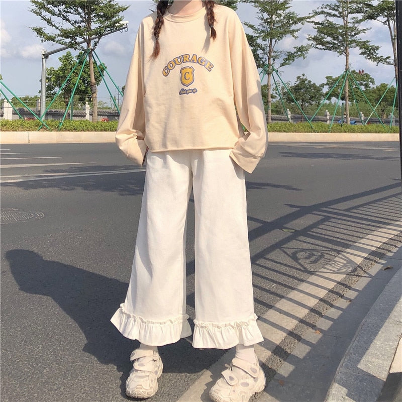 Japanese Kawaii Soft Girl Women Pants Sweet Ruffled Basis Wild High Waist Loose Trousers Elastic Waist Casual Solid Student Pant