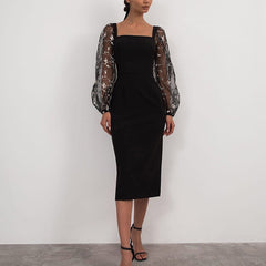 Sexy Sheer Lantern Sleeve Long Dress Fashion Patchwork Embroidery Mesh Party Dress Women Casual Square Collar Slim Bodycon Dress