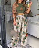 Summer Casual BM Style Plain Sleeveless Cross Sexy Halter Crop Top & Floral Print Wide Leg Pants Set Two Piece Suit Holiday