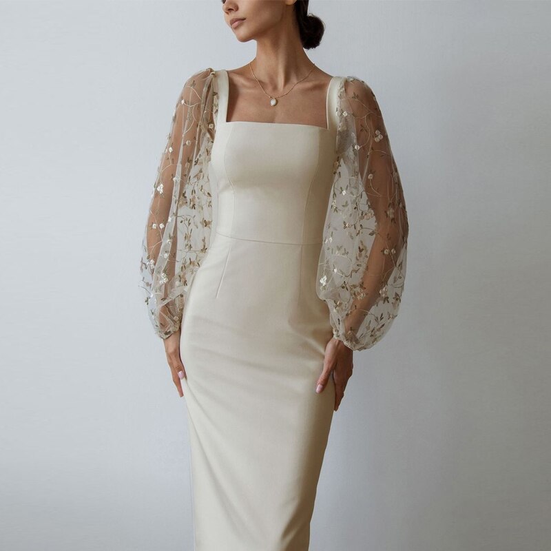 Sexy Sheer Lantern Sleeve Long Dress Fashion Patchwork Embroidery Mesh Party Dress Women Casual Square Collar Slim Bodycon Dress