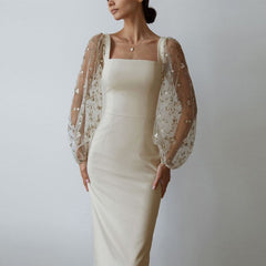 Sexy Sheer Lantern Sleeve Long Dress Fashion Patchwork Embroidery Mesh Party Dress Women Casual Square Collar Slim Bodycon Dress