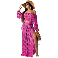 Sexy Crochet Beach Skirt Sets Slash neck Long Sleeve Crop Top and Split Long Skirts Women Tassel 2 Piece Summer Classic Outfit