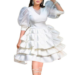 Women White Cake Dresses  Bubble Lantern Sleeves Patchwork Party Fashion Lovely Celebrate Occasion Event Lolita Female Robes New Pbong mid size graduation outfit romantic style teen swag clean girl ideas 90s latina aesthetic