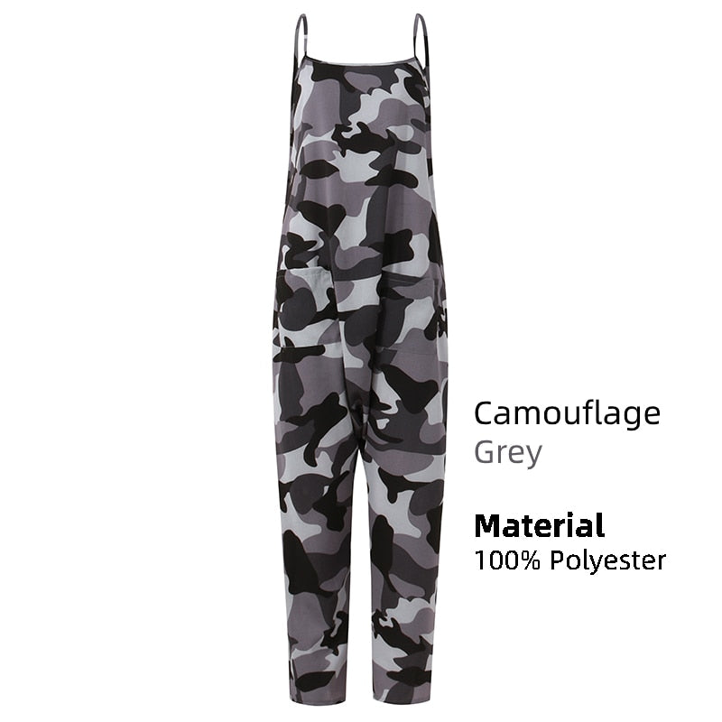 Women Camouflage Printed Jumpsuits Celmia Summer Spaghetti Strap Casual Loose Drop-Crotch Long Rompers Harem Pants Overalls