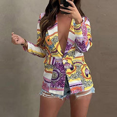 Women Cardigan Suit Jacket Retro Pattern Print Office Lady Slim Blazer Elegant Turn-down Collar Button Fashion Coats Streetwear