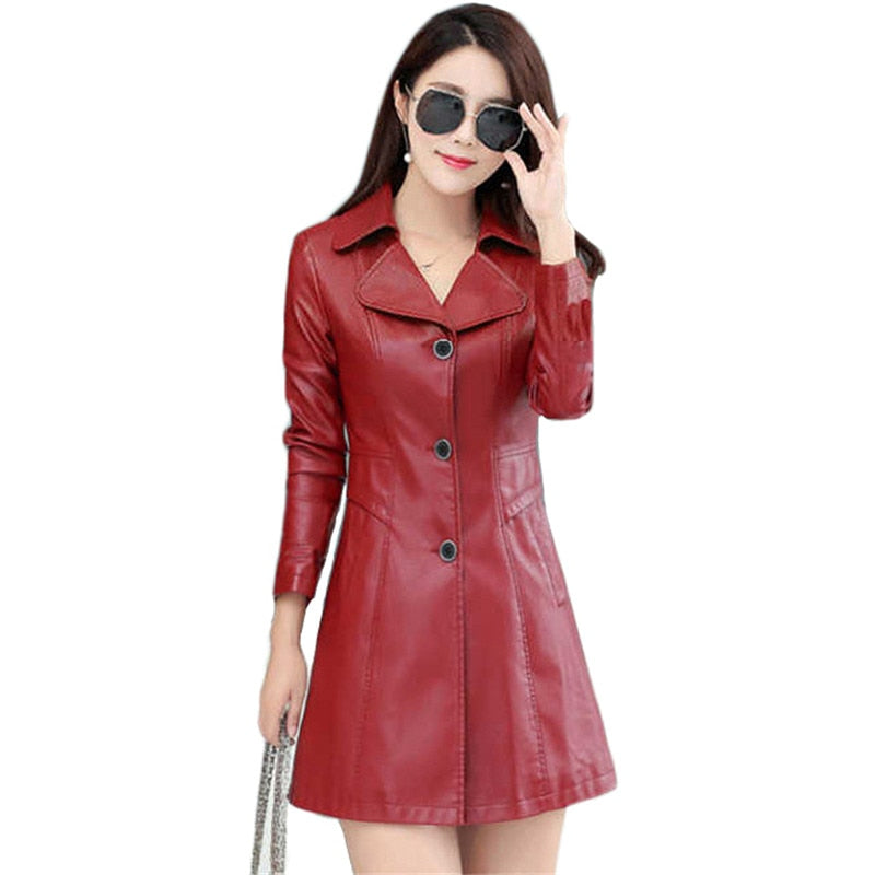 Faux Leather Coat Women Red Black Plus Size Leather Jackets 19 New Autumn Winter Korean Casual Long Slim Plus Cotton Coat LD1150