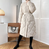 Winter New Korean Style Long Cotton-padded Coat Women's Casual Stand-up Collar Argyle Pattern Oversized Parka Chic Jacket