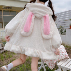 Zip Up Jacket Jacket Women Lolita Teddy Rabbit Ears Hooded Soft Girl Ruffle Faux Wool Coat Lambswool Plus Cotton Thick Outer New