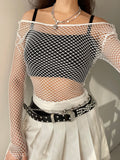 Streetwear Off Shoulder Fishnet Top Cropped Casual Sexy Summer T-shirts Women Gothic Clothes Hollow Out Tee Clothing