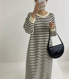 Autumn And Winter New Large Size Long Sweater Dress Women Loose Striped Knitted Sweater Korea Style Casual Knit Dresses