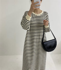 Autumn And Winter New Large Size Long Sweater Dress Women Loose Striped Knitted Sweater Korea Style Casual Knit Dresses