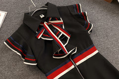 New  Summer Runway Designer Women Retro Butterfly Sleeveless Bow Tie Collar Ruffles Weave Striped Zipper Up Mini Dress