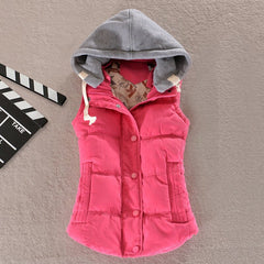 winter women solid thick vest hooded casual female warm outwear cotton padded office ladies single breasted chaleco mujer