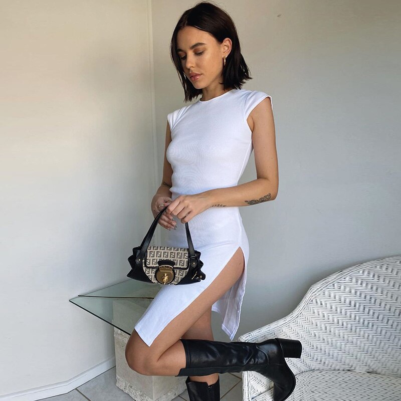 Pbong mid size graduation outfit romantic style teen swag clean girl ideas 90s latina aestheticNew Women's Fashion Summer Sexy Knee-length Sleeveless Soild Color Dress Female O-neck High Waist Gothic Dress Split