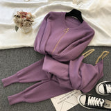 Women Zipper Knitted Cardigans Sweaters + Pants Sets + Vest Woman Fashion Jumpers Trousers 2 PCS Costumes Outfit