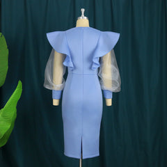 Pbong mid size graduation outfit romantic style teen swag clean girl ideas 90s latina aestheticWomen Blue Dress Ruffle Bodycon O Neck Long Tulle Sleeve See Through Pathwork Party Elegant Events Christmas Party Evening Robes