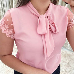 Pbong mid size graduation outfit romantic style teen swag clean girl ideas 90s latina aestheticS-5XL New  Lace Up Bow Tie Shirt Summer Lace Short Sleeve Solid Chiffon Casual Blouse Elegant Office Lady Blusas Woman Tops