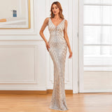 Women Beading Dress Long Prom Dress Deep V Neck Silver Sequin Evening Dress Sexy Party Maxi Dress