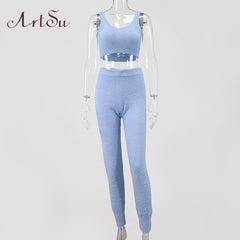 Artsu Winter Fur Two Piece Outfits Sexy Backless Crop Tops Women Outfits Matching Set Top and High Waist Pants Party Clubwear