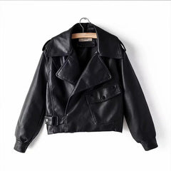 New Faux Leather Jacket Women Turn-down Collar Casual Pu Leather Jackets Female Short Loose Motorcycle Biker Coat Outwear