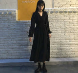 Dress Women Autumn Chic Simple Elegant Puff Sleeve Vintage Black Ladies Streetwear Party Daily V-neck Female Clothing Vestidos