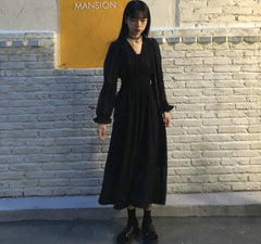 Dress Women Autumn Chic Simple Elegant Puff Sleeve Vintage Black Ladies Streetwear Party Daily V-neck Female Clothing Vestidos