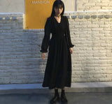 Dress Women Autumn Chic Simple Elegant Puff Sleeve Vintage Black Ladies Streetwear Party Daily V-neck Female Clothing Vestidos