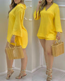 Women Plain Bell Sleeve V-Neck Long Casual Loose Top & Shorts Set Casual Summer Solid Streetewar Suit Sets