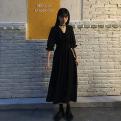 Dress Women Autumn Chic Simple Elegant Puff Sleeve Vintage Black Ladies Streetwear Party Daily V-neck Female Clothing Vestidos