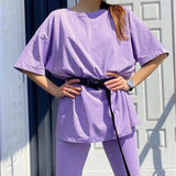 New Casual Solid Women's Two Piece Suit with Belt Solid Color Home Loose Sports Fashion Leisure Suit Summer Clothing