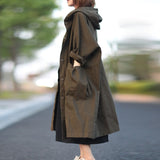 Johnature Autumn New Loose Plus Size Hooded Single Breasted Windbreaker Simple Casual Solid Color All-match Women Long Coat