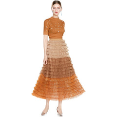 Runway Fahsion Vintage Woman Suits Beading Stand Collar Short Sleeve Top + A Line Ball Gown Skirt Two Piece Knitted Sets M69521