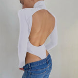 Sexy Backless Bodysuits Cotton Women Turtleneck Long Sleeve Rompers Female Black Casual Body Tops Streetwear