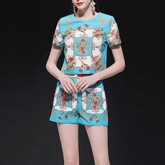Runway Style Women's Summer Casual Pants Sets Vintage Short Sleeved Graceful Blouses+Shorts Pants Nice Plus Size Suits NS237