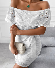 Summer Solid Off Shoulder Broderie Lace Mini White Mini Dress Skinny Bodycon With Sashes Sexy