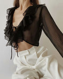 Stylish Women Sexy Tie bow Front Ruffles Cropped Shirt High waist Short Blouse Long Flare sleeve French Tops Black White