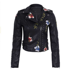 Ailegogo Spring Autumn Flowers Embroidery Pu Leather Jacket Women Turn-down Collar Rivet Zipper Black Biker Coats Tops Clothes