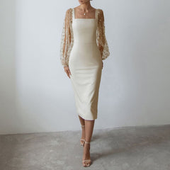 Sexy Sheer Lantern Sleeve Long Dress Fashion Patchwork Embroidery Mesh Party Dress Women Casual Square Collar Slim Bodycon Dress