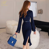 New V-Neck Split Vintage Vestidos Simple Chic Work Wear Dress Women Office Bodycon Sheath Casual Pencil Dresses