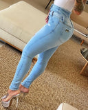 Pbong New Streetwear Womens Clothing High Waist Button Ripped Tight Jeans Fashion Casual Bodycon Trousers Skinny Denim Long Pants