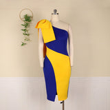 Women Dresses Bodycon Party Sexy One Shoulder Bowtie Blue Yellow Patchwork Irregular Sheath Event Lady African Autumn Night Out  Pbong mid size graduation outfit romantic style teen swag clean girl ideas 90s latina aesthetic