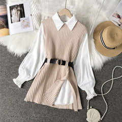 spring autumn women's lantern sleeve shirt knitted vest two piece sets of College style waistband vest two sets top UK900