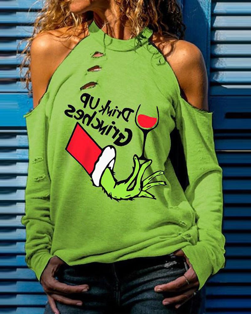 Christmas Festival Grinches Letter Print Cutout Ladies Pullover Top Long Sleeve Sweatshirts Casual Green T-Shirts New Year